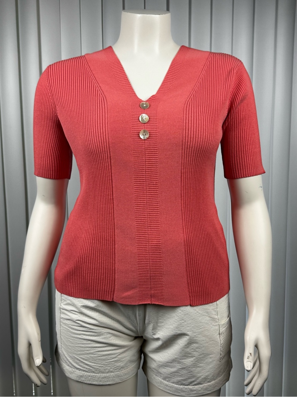Dressbarn Petite XL Coral Ribbed Knit V-Neck Stretch Top